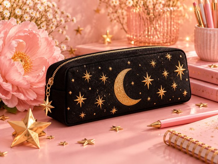 estuche negro con lunas y estrellas doradas y flor rosada