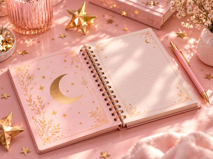 cuaderno anillado rosado con luna dorada y lápiz rosa