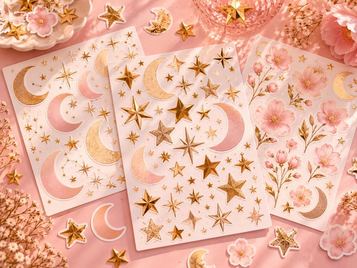 láminas de stickers de estrellas, lunas y flores rosadas y doradas